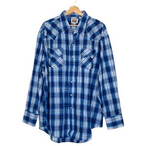 Ely Cattleman Long Sleeve Plaid Western Snap Shirt Blue Size XXL Cowboy